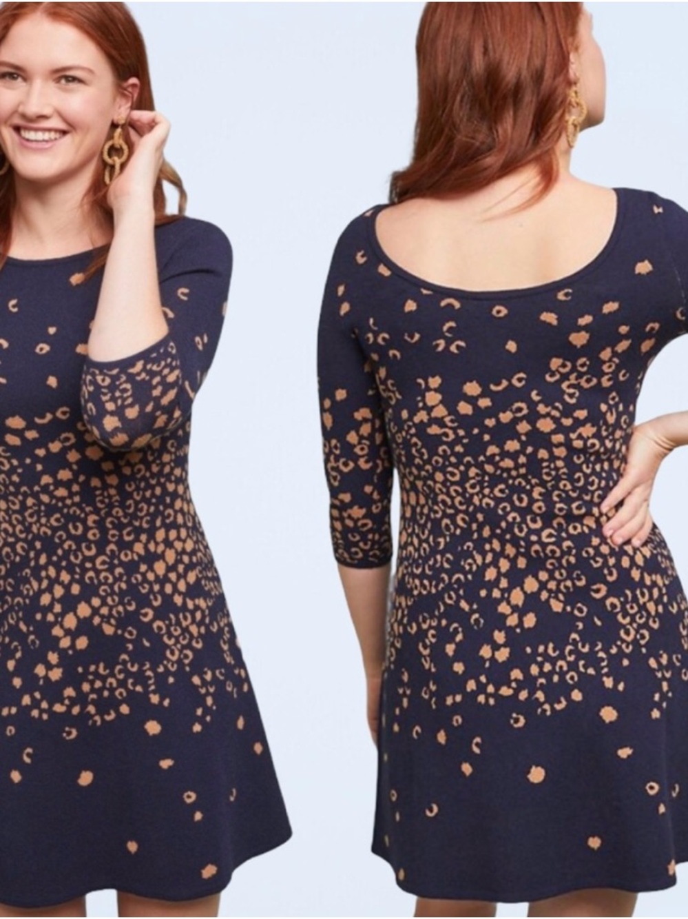 Maeve Anthropologie navy blue leopard print sweater mini scoop back dress small